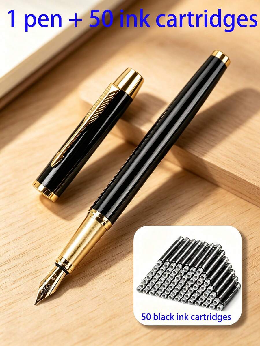 Premium Metal Fountain Pen, + 50 Ink Refills (51 Pieces Total), Classic Black & Gold Signature Style, Smooth Writing Business Gift Pen, Suitable For Daily Office Use - A - View 1