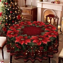 Christmas Poinsettia Round Tablecloth, Red Floral Holiday Polyester Table Cover With Holly Berry Wreath Print For Xmas Dinner, Family Gathering, Winter Party And Festive Home Decor - A - View 1