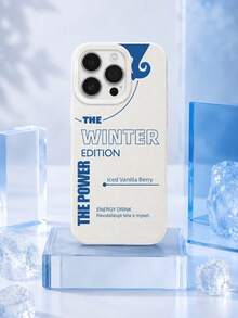 1pc Minimalist Text 15 14 13 12 11 Pro Max Phone Case, Cream White Textured Leather Base, Klein Blue "The Winter Edition The Power" Energy Drink Text Abstract Curve Pattern, Cream White Border Shockproof Phone Case - Beige - View 3