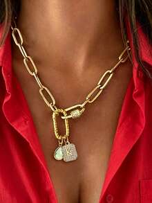 1Pc Gold Screw Buckle Double Buckle Letter Necklace, Unique Luxury Double Snap Pendant Letter Chain,Exquisite Holiday Party Gifts For Ladies' Girl - Yellow Gold - View 3