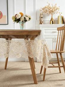 1pc Rectangular Transparent PVC Tablecloth, Floral Embroidery Lace Trim, Waterproof Oil-Proof Easy To Clean Table Cover, Suitable For Dining Table, Home And Kitchen Decor - milk coffee color - View 4