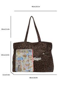 1pc Women Leopard Print Tote Bag Embroidered Letter Decor Multi‑Pocket Wide Strap Large Capacity Casual Shoulder Handbag - Multicolor - View 3