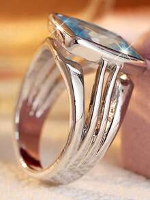 Gmzalx Minimalist Wide Band Women's Ring, Rectangular Aquamarine Synthetic Zirconia Inlaid, 3D Vertical Textured Hollow Ring, Suitable For Daily Commute, Business And Banquet - Two-color - View 6