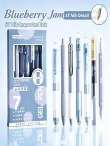 1/7pcs Morandi Blue Retractable Gel Pens, Blueberry Jam Highly Attractive Ballpoint Pens, Quick-Dry Black Ink Smooth Writing Pens For Students, Gift Box Stationery, Back To School Gift For Friends - Blueberry Set - View 8