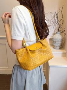 Premium Niche Buckle Design Women's Shoulder Bag, Fashionable Minimalist Multi-Functional PU Fabric Shoulder Bag/Handbag - Mustard Yellow - View 3