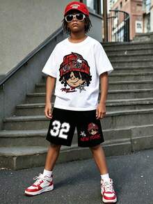 男童卡通印花短袖T恤和短裤夏季套装 - 白色 - 查看 1