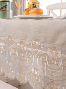 1PC Gray Linen-Like Rectangular Lace Tablecloth, Linen Texture Floral Embroidered Lace Trim Table Cover, Romantic Decorative Tablecloth, Suitable For Dining Table, Party And Home Decor - Beige - View 6