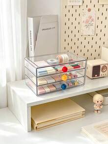 1pc Creative Colorful Contrast Ball Pull Handle Multi-Layer Transparent Stationery Storage Box, Large Capacity Layered Visible Drawer Design, Stationery Storage Essential For Journaling Enthusiasts, Student Desk Organizer Box, Office Small Item Dust-Proof Storage Box - Multicolor - View 7