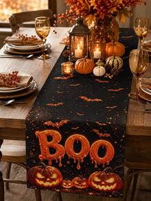 Halloween Table Runner, Throw Pillow, Placemat, Black Background Halloween Glowing Dripping BOO Lettering Bat Spider Web Pumpkin Lantern Long Table Runner, Vintage Holiday Party Decor Fabric Table Mat - Multicolor - View 1
