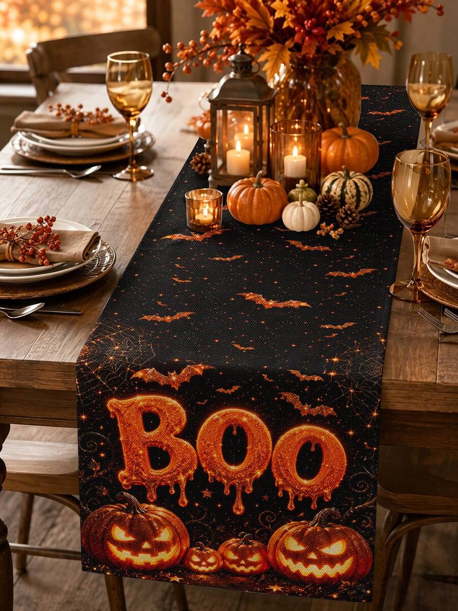 Halloween Table Runner, Throw Pillow, Placemat, Black Background Halloween Glowing Dripping BOO Lettering Bat Spider Web Pumpkin Lantern Long Table Runner, Vintage Holiday Party Decor Fabric Table Mat - Multicolor - View 1