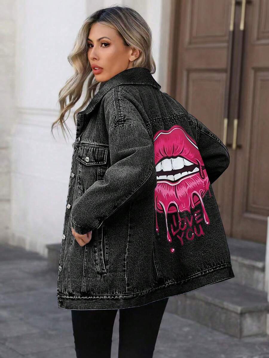 HAPPY GIRL#Spring Autumn Fashion Festival Holiday Daily Travel Airport Outfit Women's Graphic Print Comfortable Commute Denim Jacket - Dark Grey - View 1