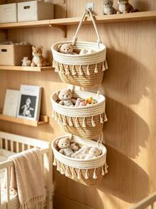 3-Layer Tassel Woven Hanging Storage Bag, Nursery Wall Hanging Organizer, High-Aesthetic Baby Small Item Storage Bag - Multicolor - View 4