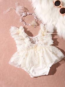 Newborn Baby Girl Photography Outfit, 3D Butterfly Decor Shiny Star Triangle Romper With Pearl Headband Set, Lace Trim Photo Romper - White - View 4