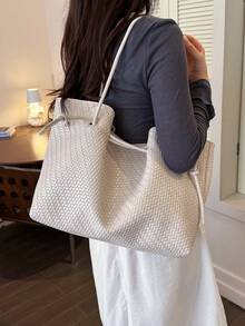 Fashionable High-End Niche Woven PU Women's Tote Bag, Modern Style Versatile Large Capacity Shoulder Bag/Commuter Bag - White - View 3