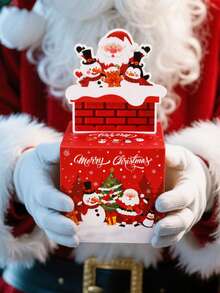 1 Set Christmas Money Pull Box, Santa Claus Snowman Penguin Chimney Print, 12x12x12cm Holiday Money Box, Suitable For Christmas Party Favors And Gift Packaging - Multicolor - View 2