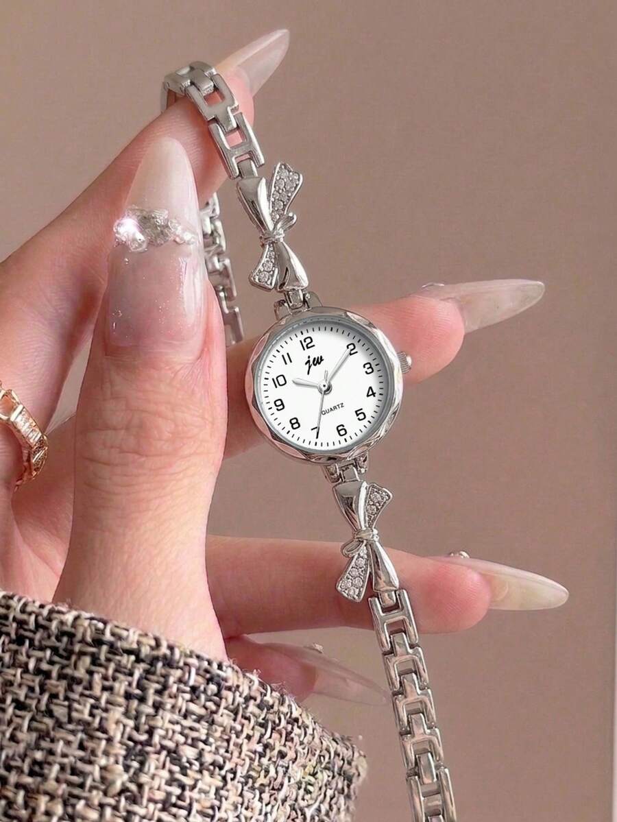 1件時尚女款合金手鍊腕錶,優雅復古圓盤面,附蝴蝶結水鑽鍊條,適合多種場合,理想的節日禮物 - 白色 - 查看 1