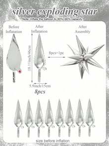8件組銀色4D爆炸星鋁箔氣球，尖刺星爆炸氣球，水滴形連接氣球，適用於單身女派對、生日、婚禮裝飾、週年紀念、派對裝飾、慶祝、禮物派對、迪斯可派對 - 銀色 - 查看 3