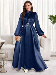 Women's Solid Color Round Neck Lantern Sleeve Pleated Elegant Arabic Dress - Navy Blue - View 1