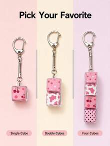 4/3/2/1 Key Sweet Pink Cherry Cow Polka Dot Pattern Cube Keychain, Lightweight & Durable, Decorative Spring Clip, Bag Charm, Key Ring, Suitable For Men & Women, Backpack Decoration, Wallet Pendant, Car Key, Handbag Accessory, Daily Commute, Holiday Gift, Party Favor, Christmas Valentine's Day Birthday Wedding Gift - Multicolor - View 7