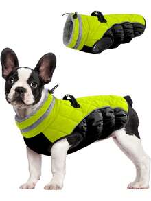 1pc Zippered Colorblock Cotton Padded Pet Coat With Elastic Drawstring, Reflective Trim Collar, Warm Lining, Down Jacket For Cats And Dogs - Green - View 16