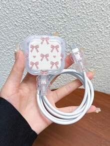 3pcs Set Data Cable Charger Protective Cover Painted Pink Bow Pattern Suitable For UK Standard 20W Apple Charger Protective Cover, Transparent Anti-Shatter Cover, Protects Phone 3-Prong Charger, Cable Protective Cover - Multicolor - View 1