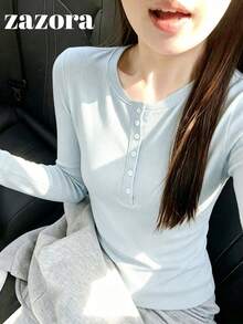 Korean Style Sweet & Spicy Niche Henley Collar Long Sleeve T-Shirt, Slim Fit Flattering Base Layer, Button Front Shoulder Top, Early Autumn - Blue - View 7
