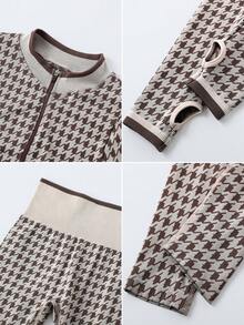 Women's Retro Houndstooth Set, Full Zip Mock Neck Thumbhole Top, 2 Pieces Outfit For Commute Fall Winter, Sportswear - Khaki - View 3