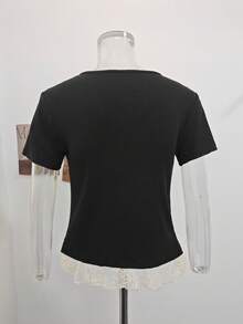 Korean Style Lace Patchwork Short Sleeve Blouse, Fitted & Slimming Design, Unique & Summer Top Black - Black - View 8