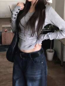 收腰修身V領韓系懶人顯瘦長袖打底T恤休閒款 - 灰色 - 查看 9