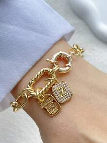 1PC Luxury Screw Buckle A-Z Initial Letter Bracelet,Double Colorful Climbing Chain,Double Buckle Letter Double Chain,For Celebrating Holiday Daily - Yellow Gold - View 19