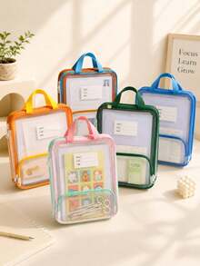 1Pc Cute Back‑To‑School Transparent Document Bag, Solid Color Edge Binding With Label Pocket, Zipper File Pouch With Portable Handle, Multi‑Layer Clear PVC File Organizer, Perfect For A4 Papers, Homework And School Supplies, Practical Storage Pouch - Multicolor - View 2