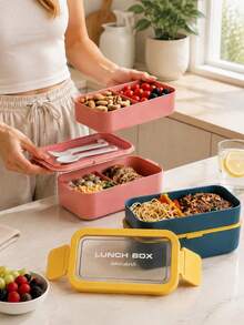 Adult Double-Layer Bento Box Set, Leak-Proof, With Utensils, Stackable Lunch Box, Christmas, Birthday, Holiday Gift, Suitable For Dinner Prep, Work, Outdoor Picnic, School, Back To School Essential, Kitchen Accessory (Beige + Pink) - Multicolor - View 3