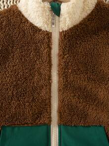 Boys' Casual Fashion Drop Shoulder Colorblock Double-Sided Fleece Stand Collar Zip-Up Jacket, Autumn/Winter - Brown - View 5