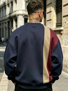 Men's Vintage Vertical Striped Colorblock Print Crew Neck Loose Drop Shoulder Sweatshirt - Multicolor - View 4