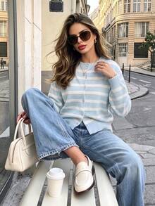 Women's Autumn Blue & White Striped Knit Cardigan, Round Neck, Button Front, Lantern Sleeves, Ribbed Hem, Casual Back To School Daily Top - Blue and White - View 8