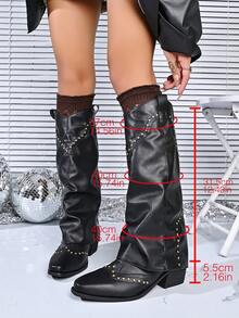Elegant Women's Fashion Boots, Classic Slip-On High Heel Rivet Western Boots, Black High Heel Skirt Boots, Brown High Heel Skirt Boots, Brown High Heel Skirt Boots, British Style Women's Boots, Runs Half Size Large - Black - View 6