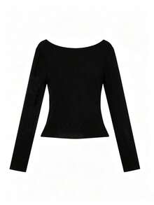 Korean Style Slimming Cold Shoulder Versatile Long Sleeve T-Shirt Top Autumn Clothing - Black - View 2