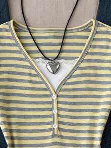 Girls' Yellow & Gray Striped V-Neck 2 In 1 Long Sleeve T-Shirt, Lace Patchwork Half-Button Fitted Cropped Stretch Base Layer - Yellow - View 4