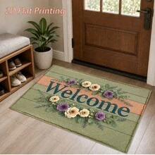 1pc Green Wooden Board Welcome Floral Pattern Printed Faux Cashmere Kitchen Mat, Absorbent Kitchen Rug, Kitchen Carpet, Long Runner Mat, Sink Front Mat, Suitable For Kitchen, Bathroom, Entryway, Hallway, Laundry Room And Home Decor - Multicolor - View 5
