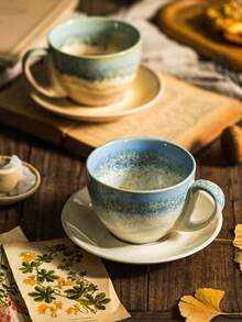 DearDali 1pc Glazed Ceramic Coffee Cup And 1pc Saucer Set, Vintage Colorblock Cup And Saucer, Wabi-Sabi Gradient Cup, Suitable For Latte, Cappuccino, Hot Chocolate, Tea, Coffee Lovers, Gathering, Afternoon Tea, Can Be Used As Gift Or Back To School - Multicolor - View 2