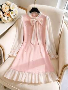 Autumn Girls' Fashion Elegant Round Neck Pearl Decor Large Bow Chiffon Long Sleeve Dress - Pink - View 1