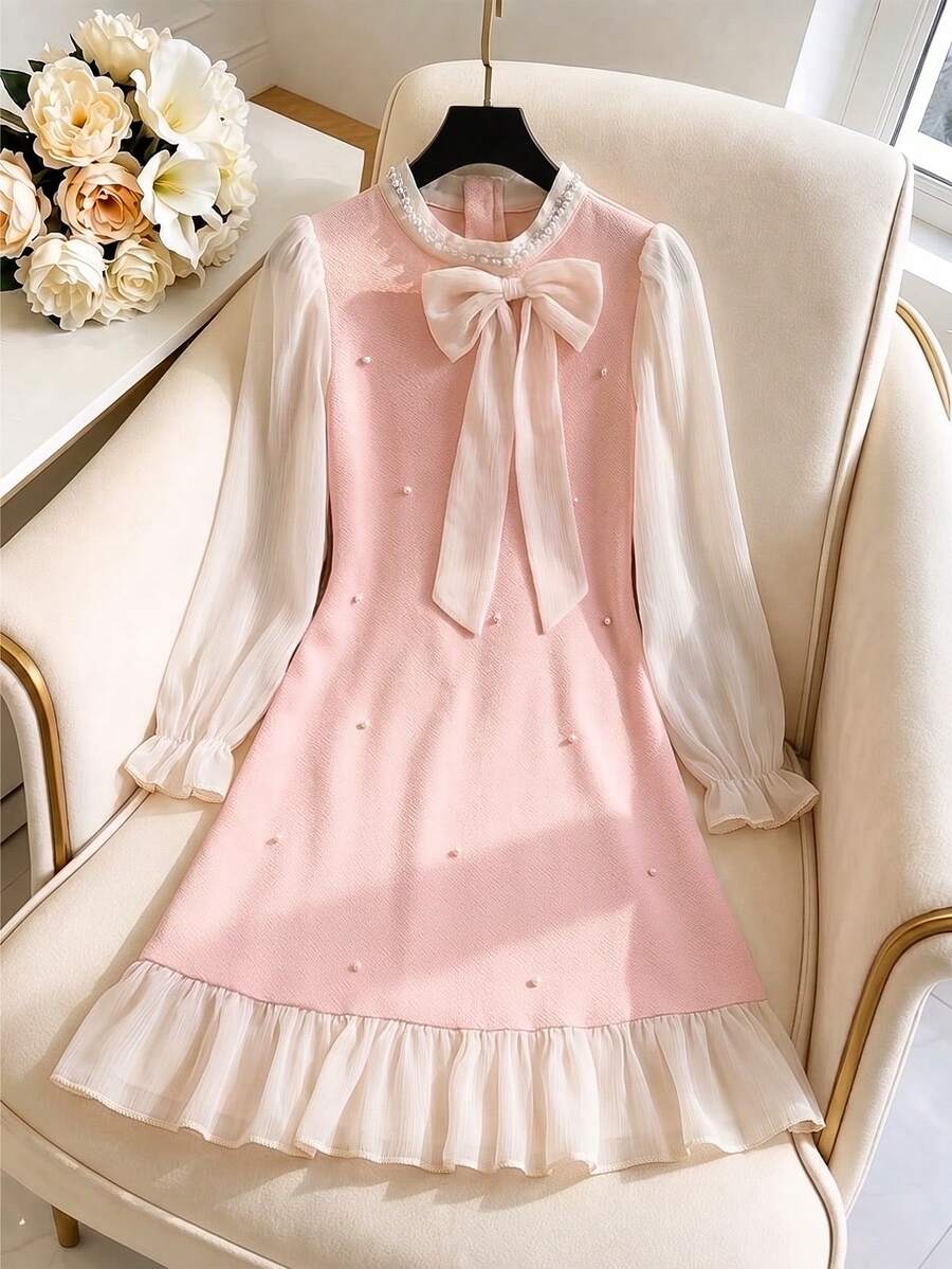 Autumn Girls' Fashion Elegant Round Neck Pearl Decor Large Bow Chiffon Long Sleeve Dress - Pink - View 1