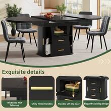 Extendable Dining Table, Dining Room Table, Kitchen Table, Round Dining Table, Extends To Oval, 118-158, Seats Up To 6 People, Three-Tier Storage, Walnut - Black + MDF - View 9