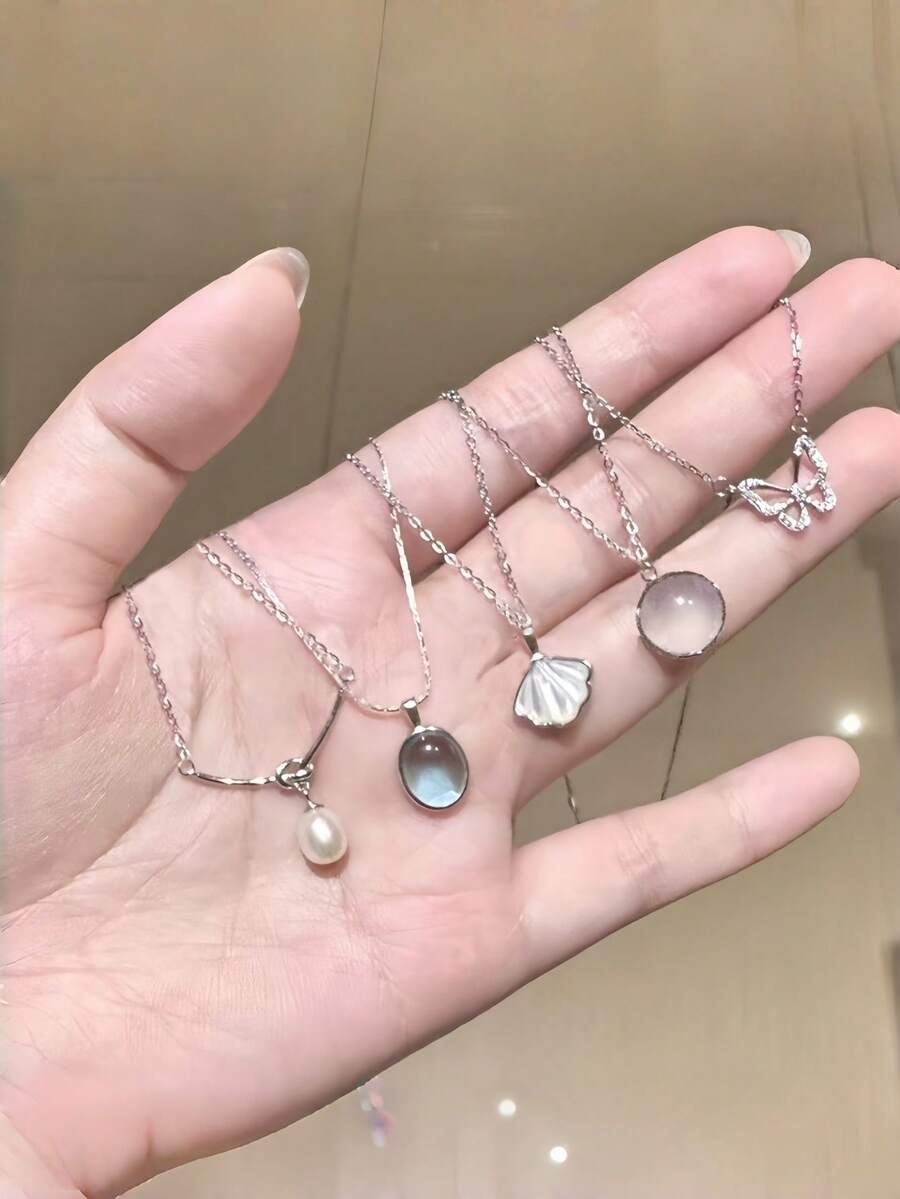 5pcs/Set Elegant Design Necklace With White Jade Moonstone, Minimalist Luxury Versatile Choker Necklace - Necklace - View 1