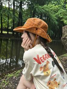 Wide Stiff Brim Vintage Check Pattern Patchwork Contrast Color Drawstring Bucket Hat Unisex Boho Vacay Spring Summer Sun Hat Bright Monochromatic Looks Tie-Up UV Protection Travel Hat - Fabric Label Check Pattern - View 2