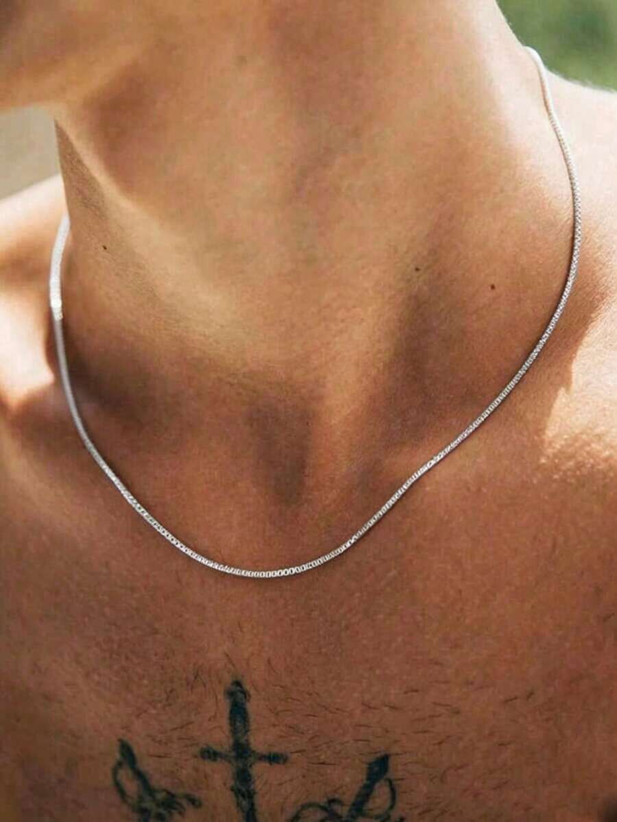1pc 18K Gold Plated Stainless Steel Square Chain Necklace For Men, Sporty Minimalist Daily Accessory, Gift For Friends - Silver - View 1
