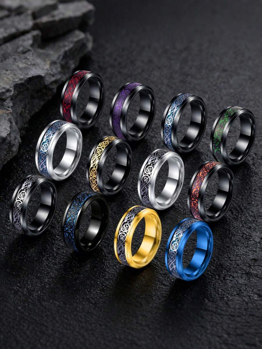 12-Piece Set Hip Hop Celtic Dragon Beveled Stainless Steel Ring Set, Unisex Dragon Rings, For Daily, Party & Business Wear, Christmas Gift - Multicolor - View 1