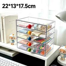 1pc Creative Colorful Contrast Ball Pull Handle Multi-Layer Transparent Stationery Storage Box, Large Capacity Layered Visible Drawer Design, Stationery Storage Essential For Journaling Enthusiasts, Student Desk Organizer Box, Office Small Item Dust-Proof Storage Box - Multicolor - View 9