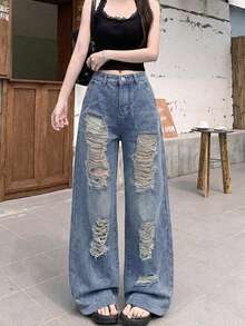 Celana Jeans Denim Vintage Rusak, Celana Panjang Model Slimming Longgar Lurus Lebar Kasual Musim Gugur - Medium Wash - View 4
