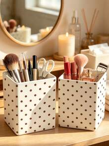 1pc New Brown Polka Dot Multifunctional Storage Organizer Box - Cosmetic Storage Box, Desktop Organizer Rack, Bathroom Countertop Storage Rack (Suitable For Storing Cosmetics, Makeup Brushes, Jewelry, Tableware, Straws, Tea Bags, Pens, Remote Controls And Small Items); Suitable For Vanity, Bathroom, Kitchen, Office, Bedroom, Living Room Compact Space-Saving Storage Supplies (Please Note Size And Random Polka Dot Position And Size Before Ordering) - Multicolor - View 3